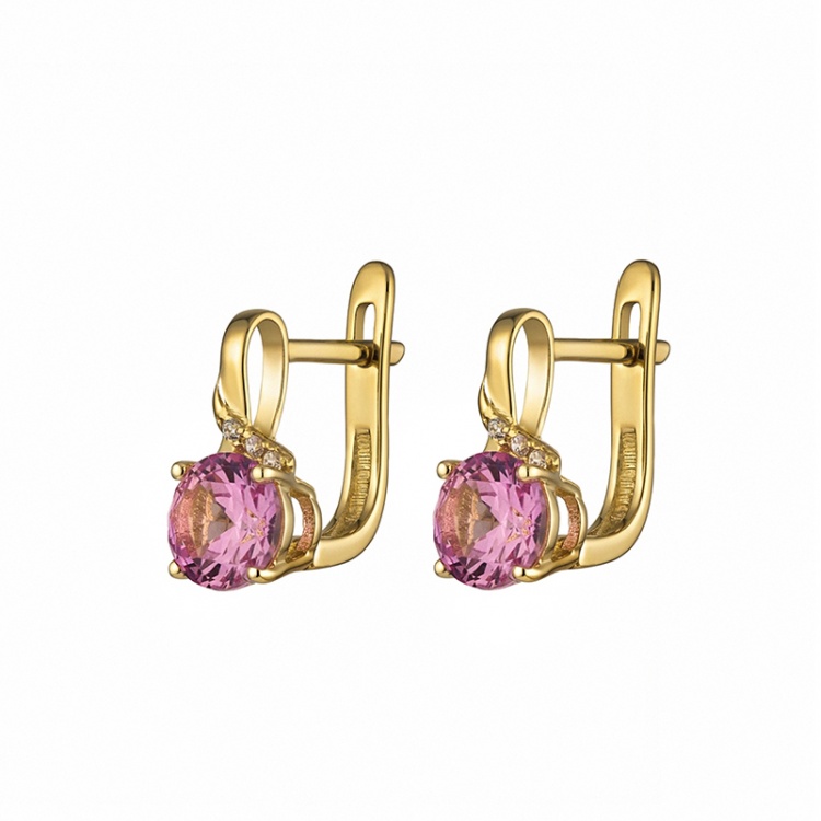 Златни обеци с розов цирконий - жълто злато
