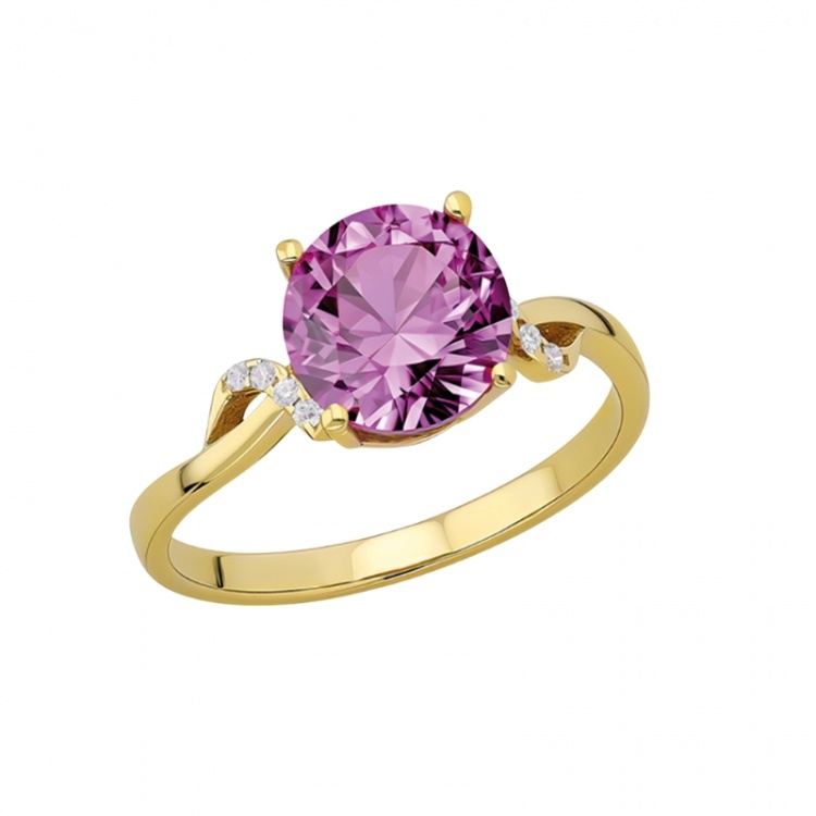Златен пръстен с розов цирконий - жълто злато