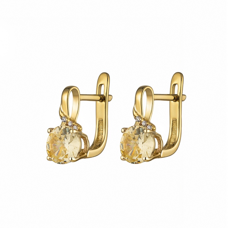 Златни обеци със синтетичен цитрин - жълто злато