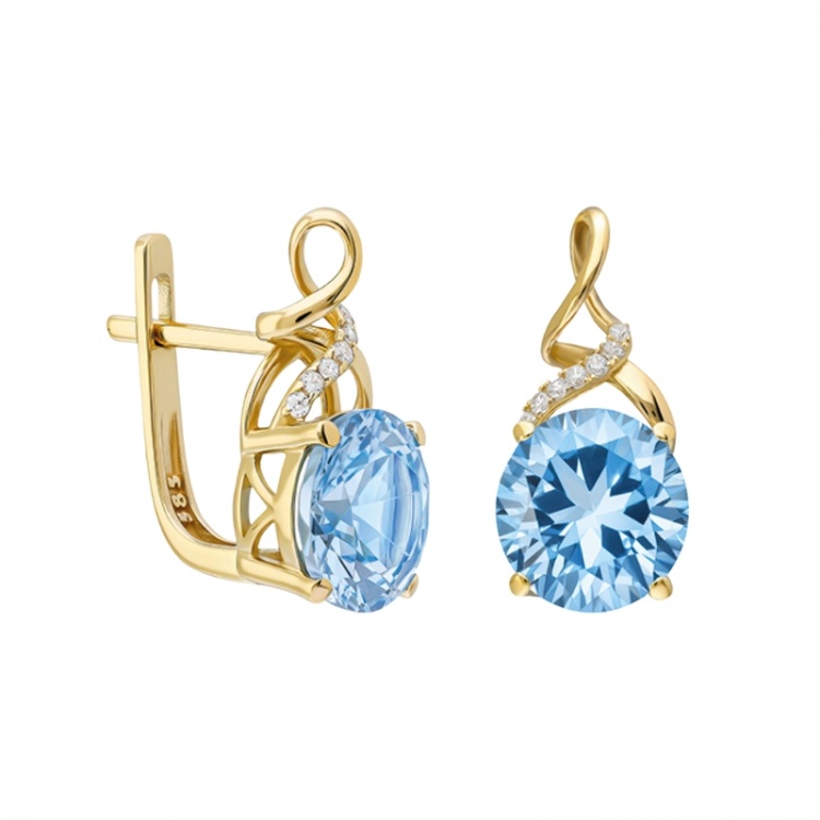 Златни обеци със сини цирконий - жълто злато