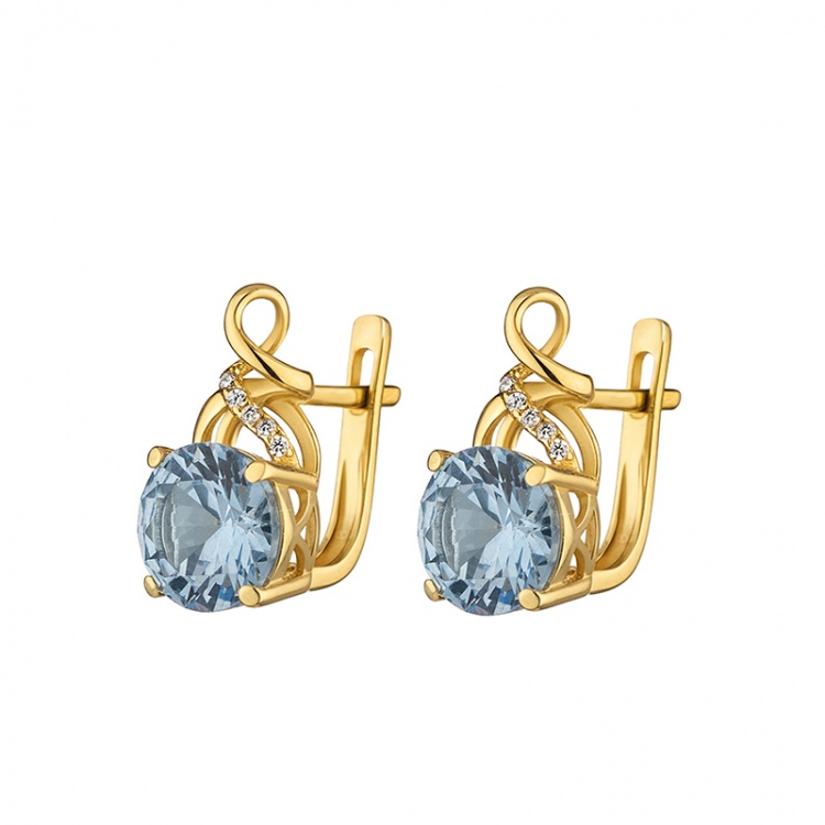 Златни обеци със сини цирконий - жълто злато