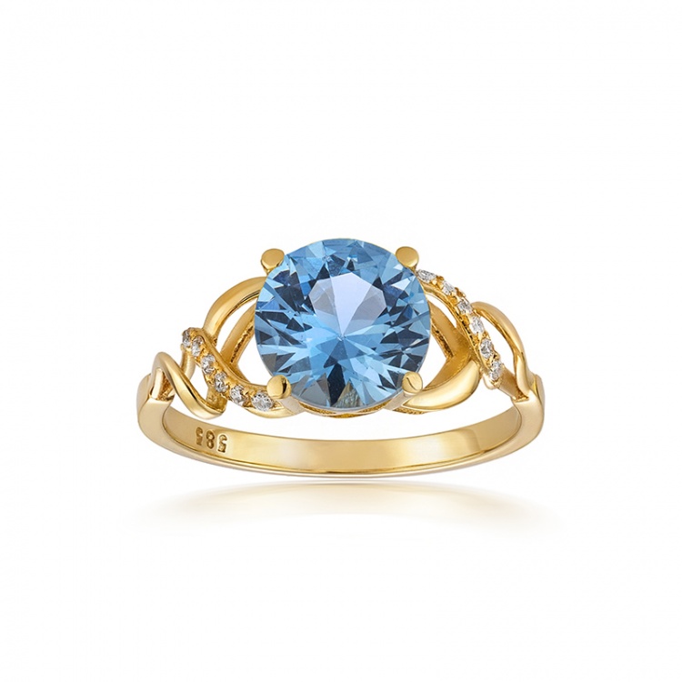 Златен пръстен със син цирконий - жълто злато