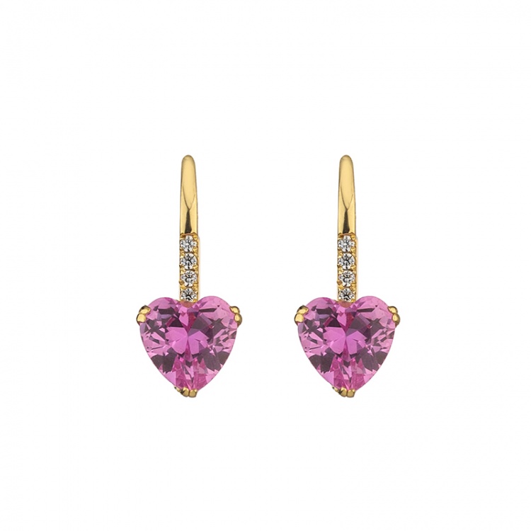 Златни обеци сърца с розов цирконий - жълто злато