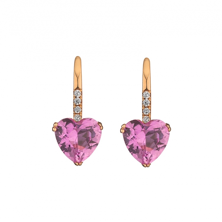 Златни обеци сърца с розов цирконий - розово злато