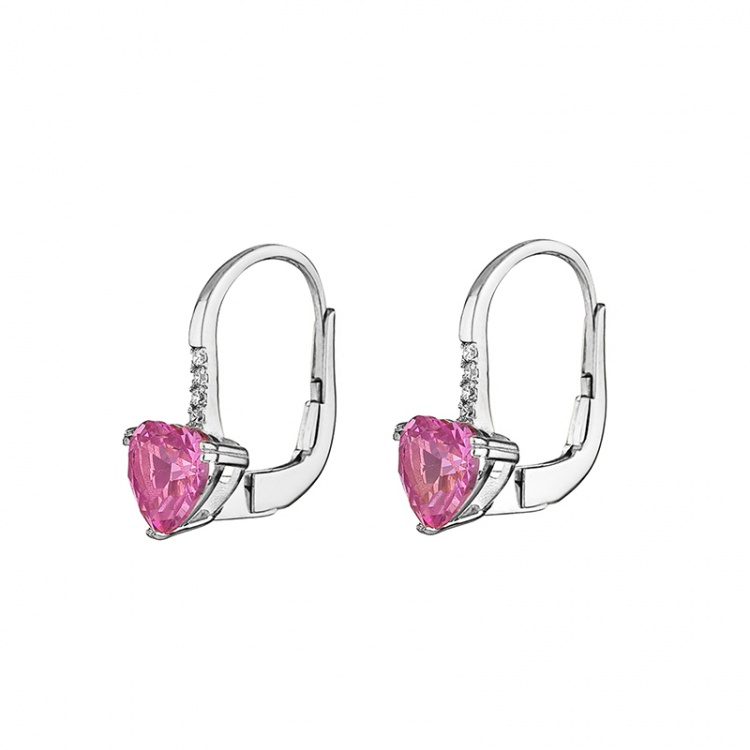 Златни обеци сърца с розов цирконий - бяло злато
