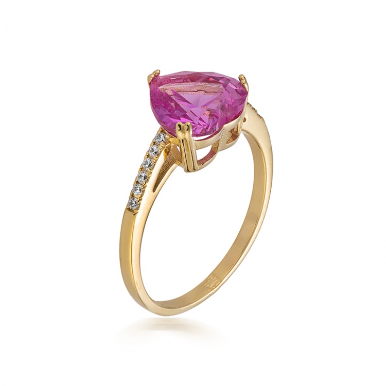 Златен пръстен с розов цирконий - жълто злато