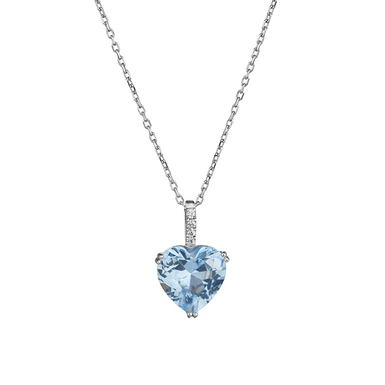 Златна колие сърце със син цирконий - бяло злато