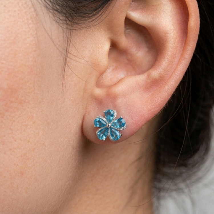 Сребърни обеци със сини цветя