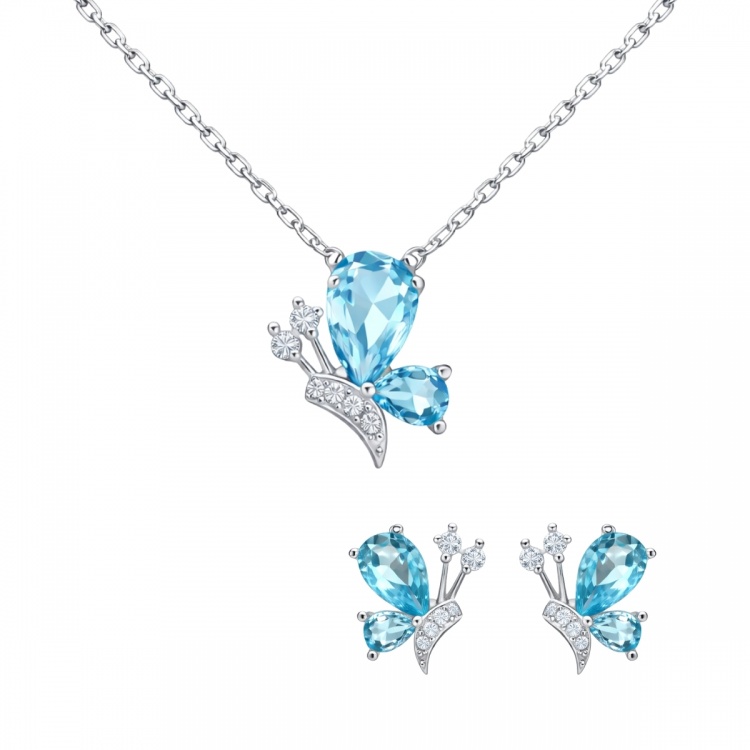 Сребърнен комплект от обеци и колие със сини пеперуди