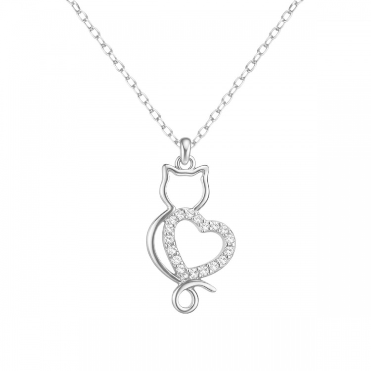 Сребърно колие коте със сърце