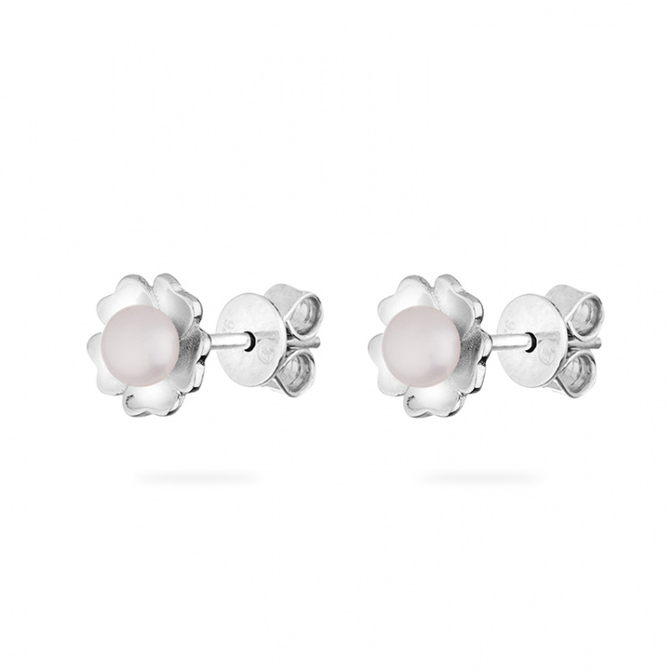 Сребърни обеци цветя с бели перли и цирконий