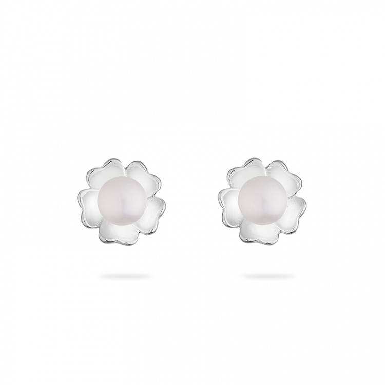 Сребърни обици цветя с бели перли и цирконий