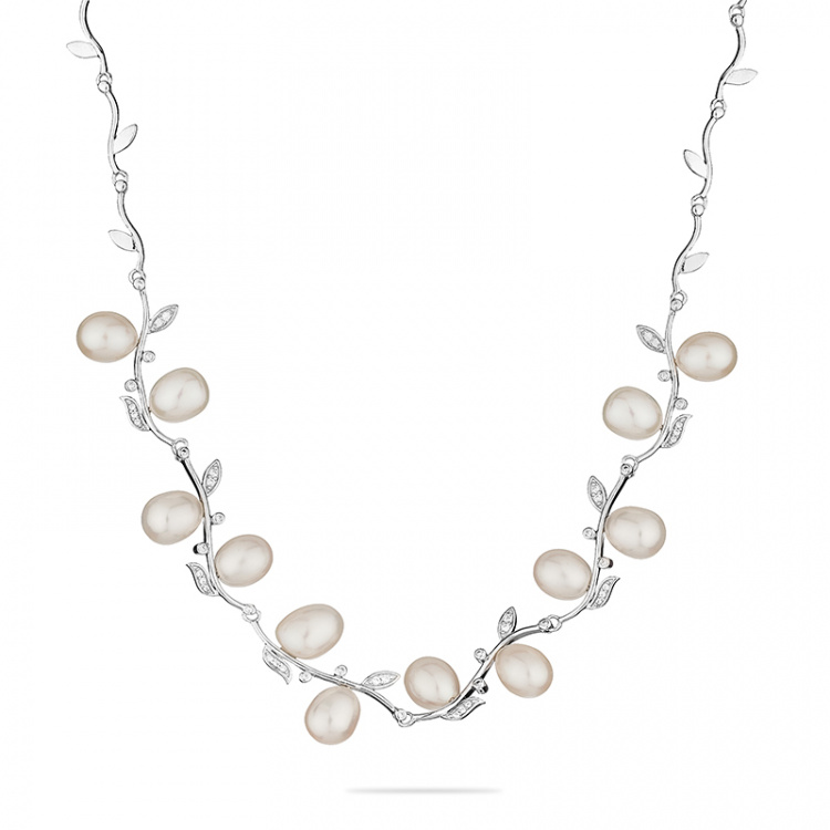 Сребърна огърлица с бели перли, 44 - 49 см