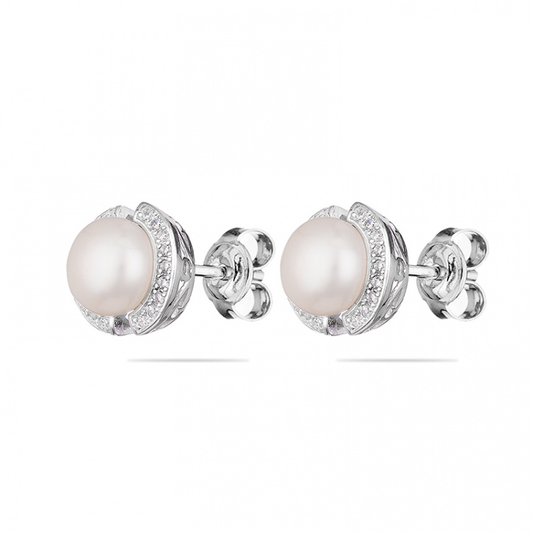 Сребърни обеци с бяла перла и цирконий