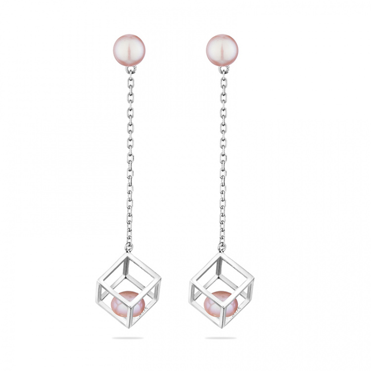 Сребърни обеци куб с розови перли