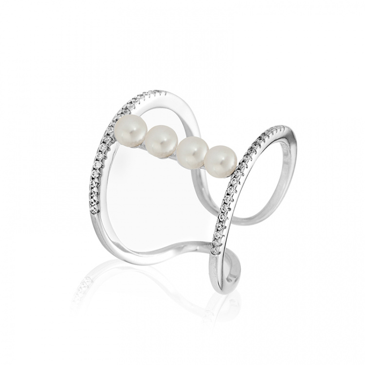 Сребърен пръстен бели перли и цирконий