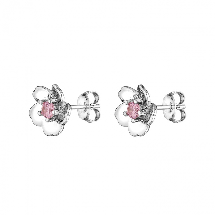 Сребърни обеци цветя с розови цирконий