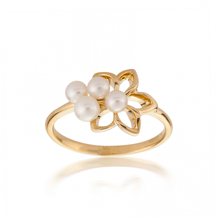 Златен пръстен цвете с бели перли