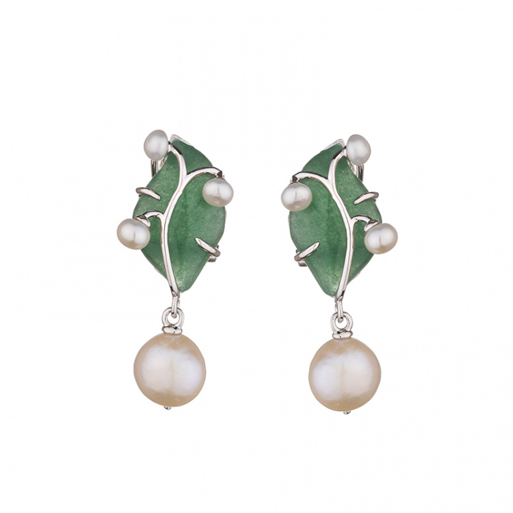 Сребърни обици със зелен авантюрин и сладководна перла барок