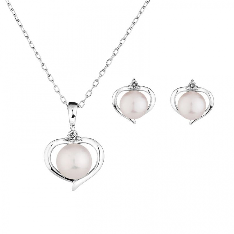 Сребърен комплект сърце с бели перли