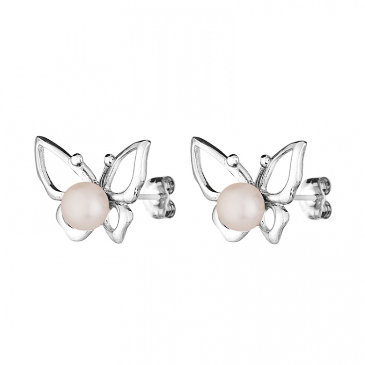 Сребърен комплект пеперуди с бели перли