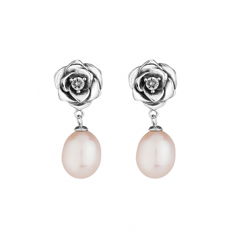 Сребърен комплект роза с бели перли