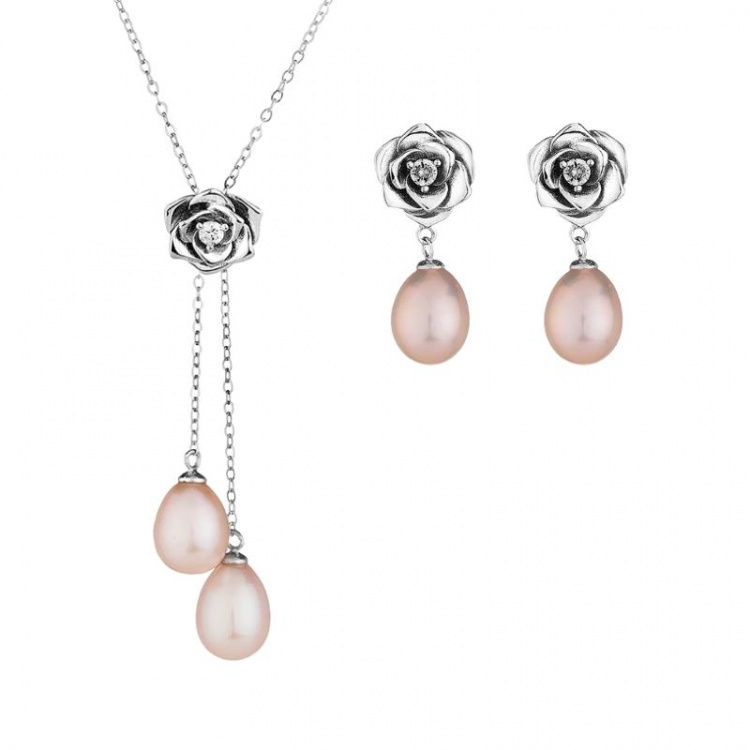 Сребърен комплект роза с розови перли