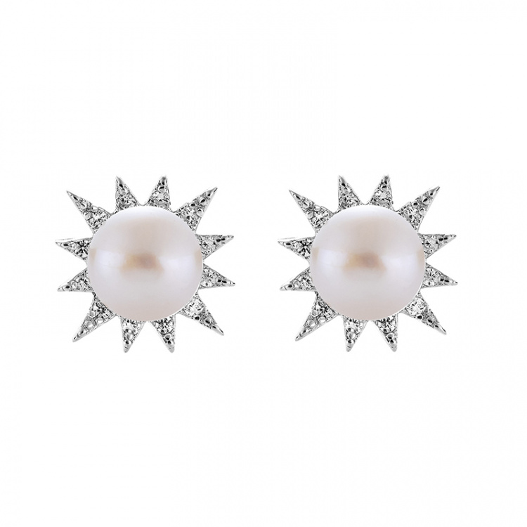 Сребърни обици звезди с бели перли