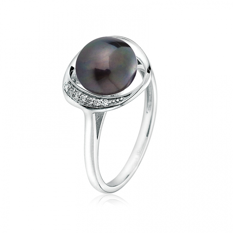 Сребърен пръстен с черна перла и цирконий