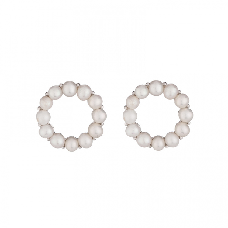 Сребърни обици кръгче с бели перли