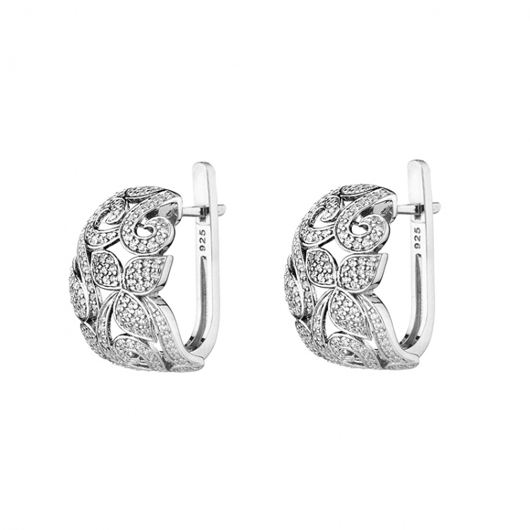 Сребърни обеци с дантела от цирконий