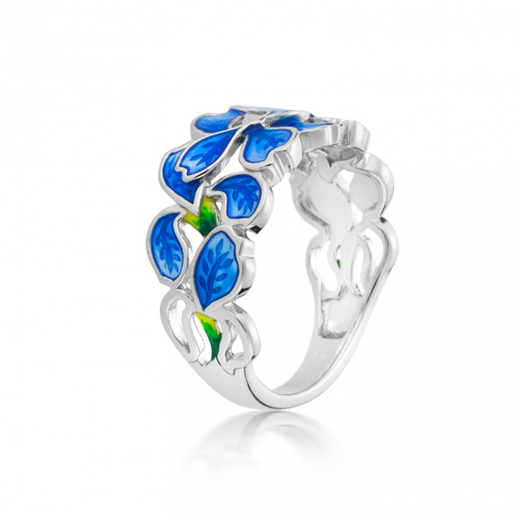 Сребърен пръстен със сини цветя