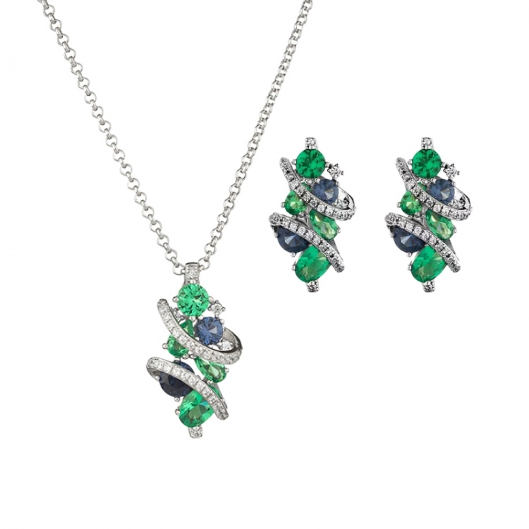 Сребърен комплект със сини и зелени цирконий