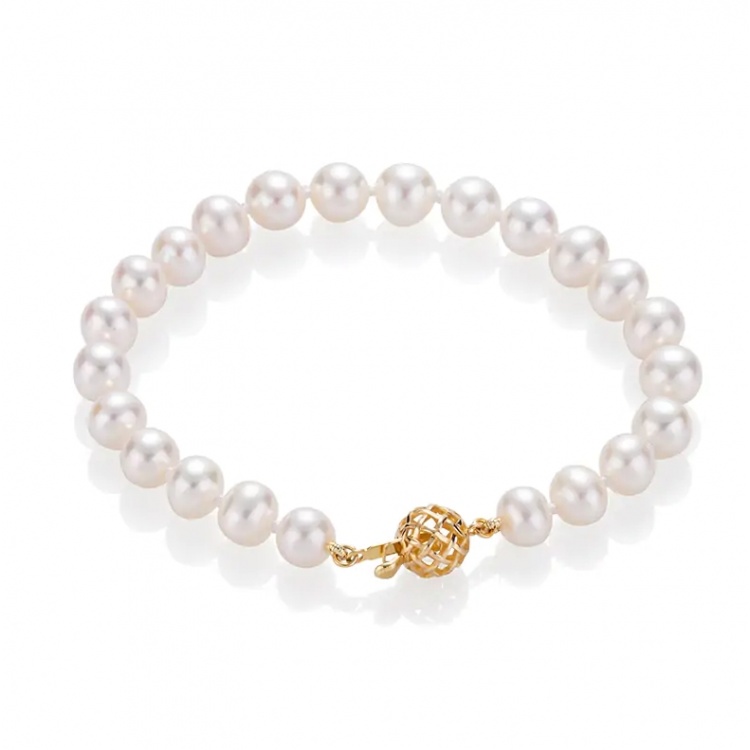 Златен комплект от огърлица и гривна с бели перли