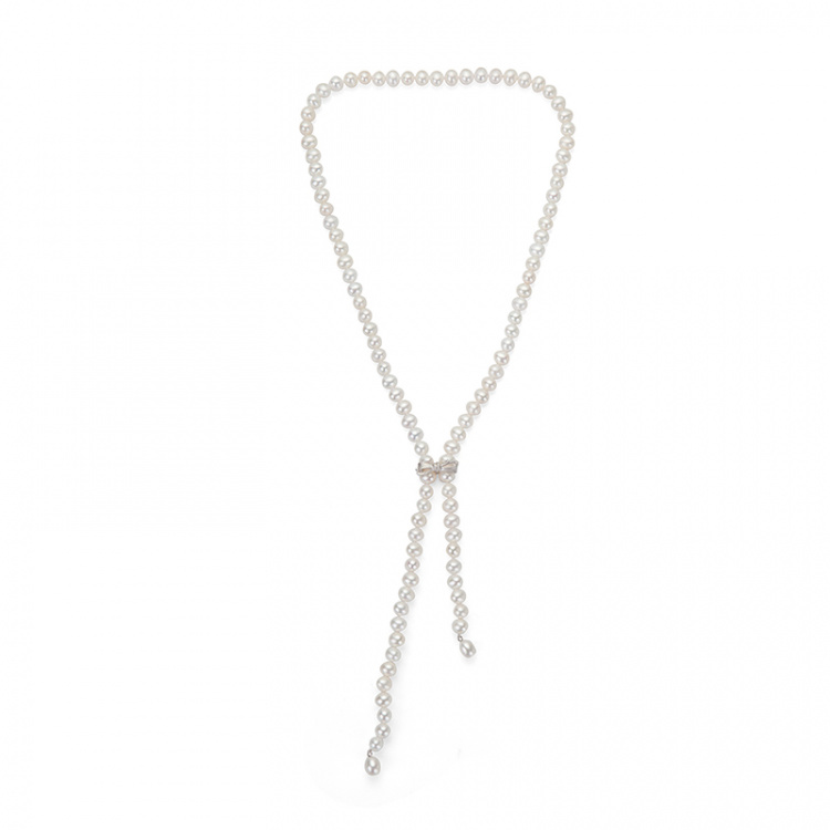 Огърлица с бели перли със закопчалка панделка, 80 см