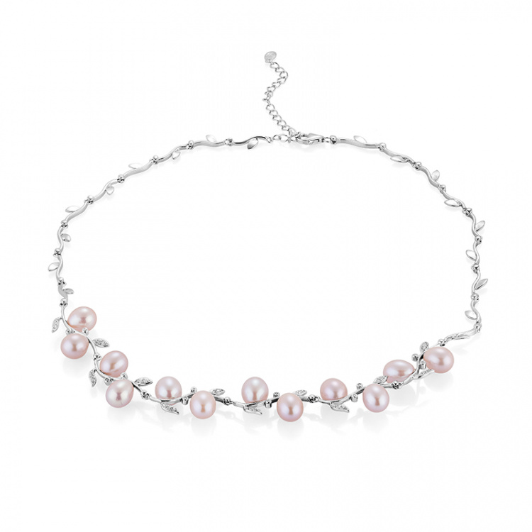 Сребърна огърлица с розови перли, 44 - 49 см
