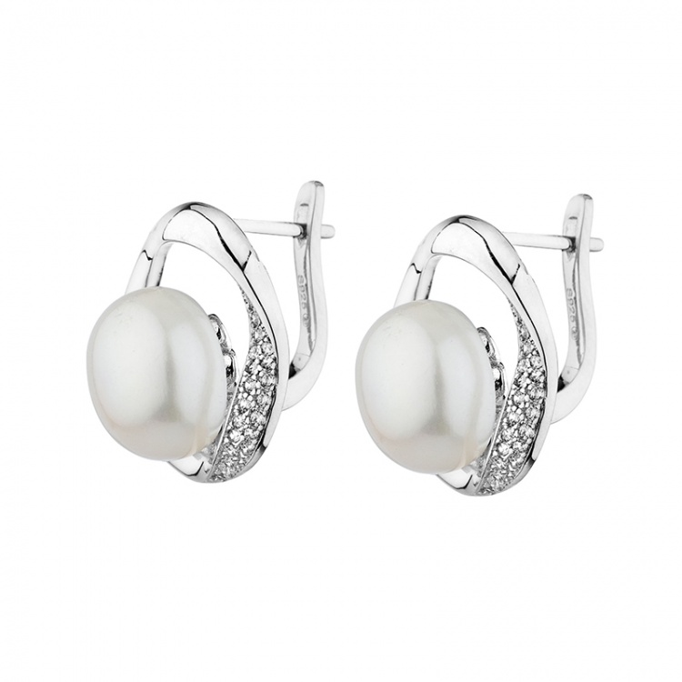 Сребърни обеци с бели перли и цирконий