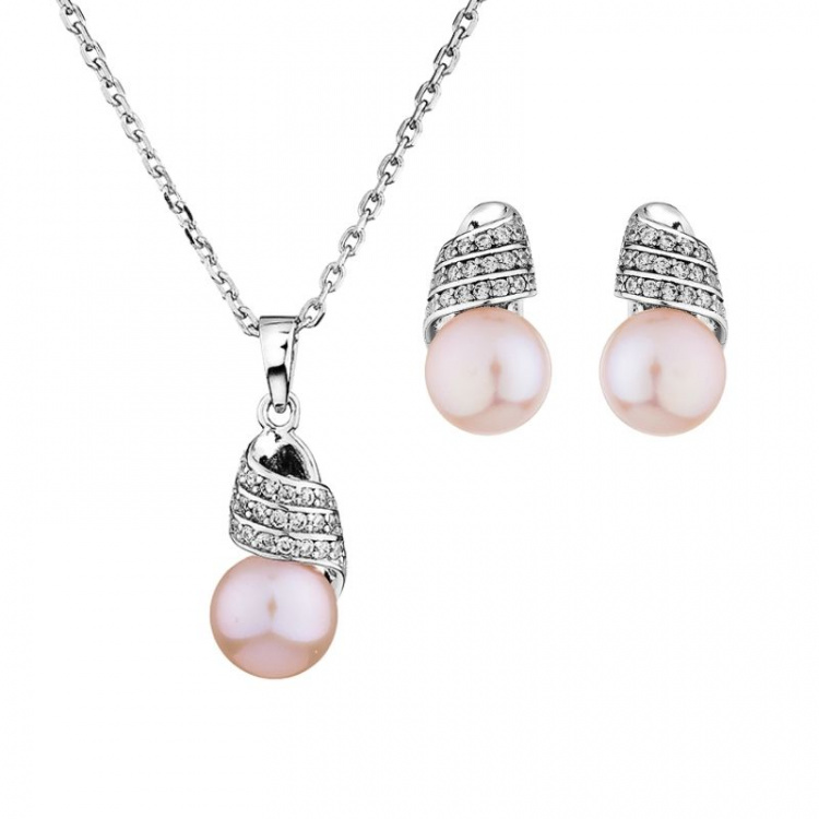 Сребърен комплект с розови перли