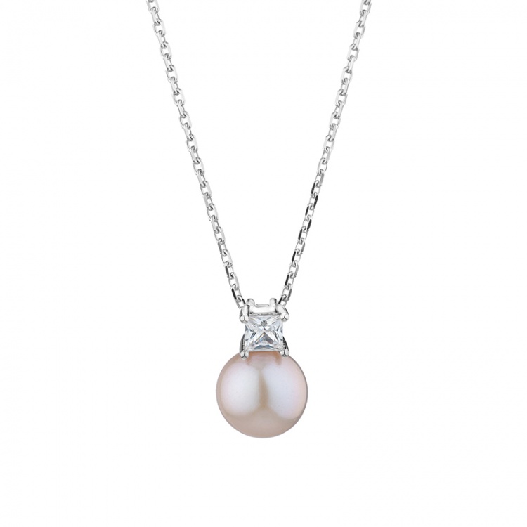Сребърно колие с розова перла и цирконий