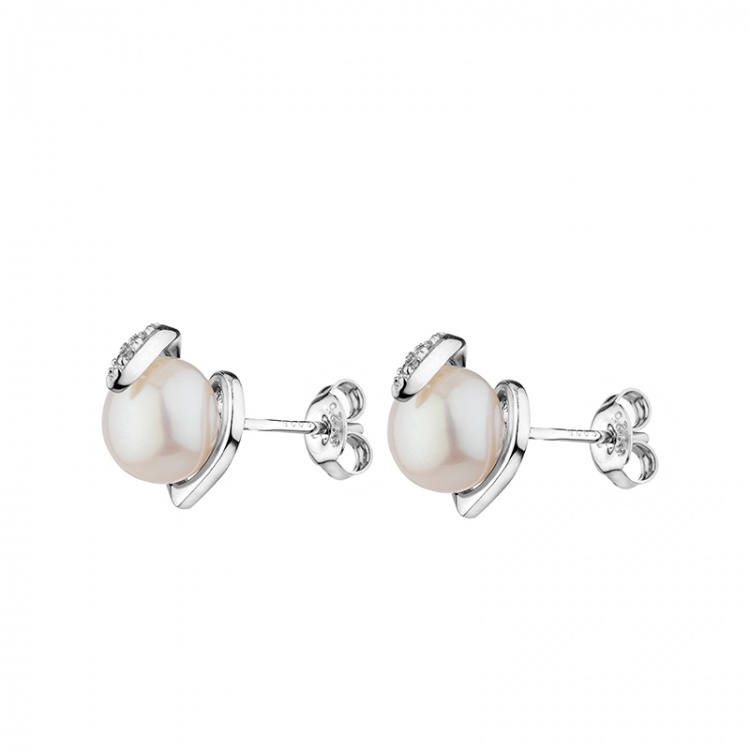 Сребърни обеци сърце с бели перли и цирконий