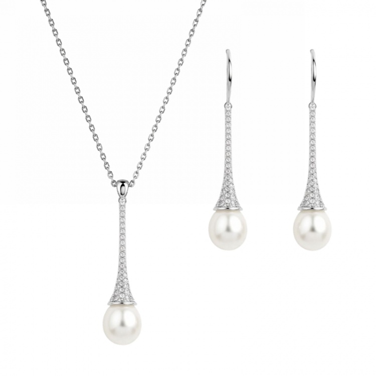 Сребърен комплект с бели перли