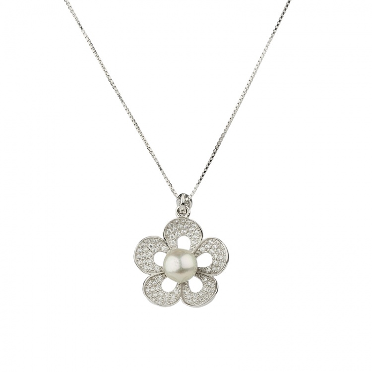 Сребърно колие цвете с перла Акоя