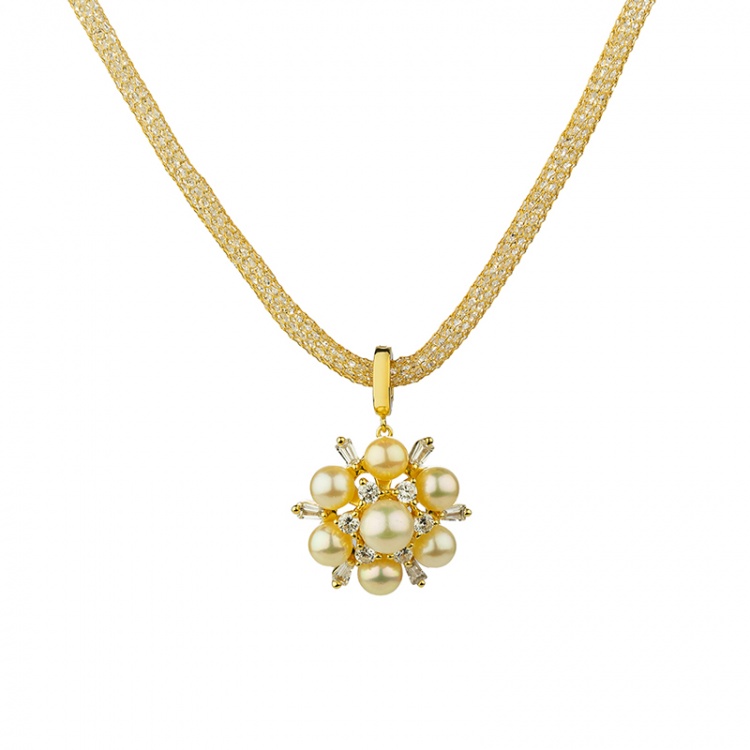 Сребърно колие цвете с перли Акоя