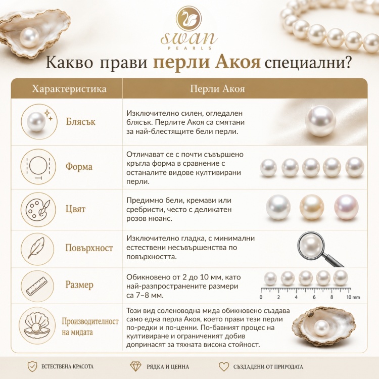 Златен сет от огърлица и обеци с перли Акоя 7-7.5 мм, 18К злато