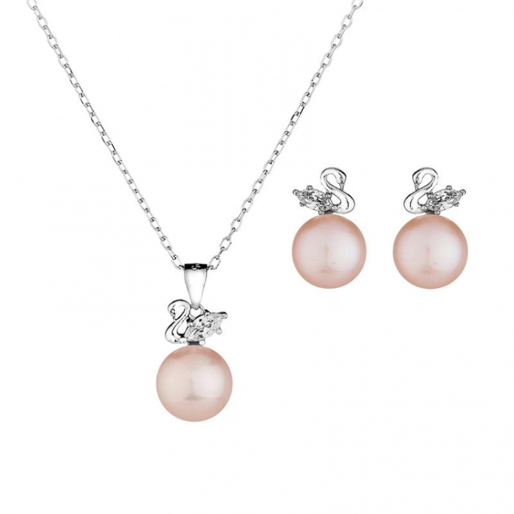 Сребърен комплект лебед с розови перли