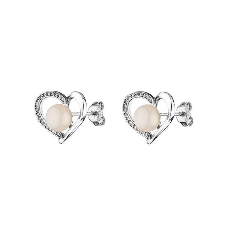 Сребърни обици сърца с бели перли
