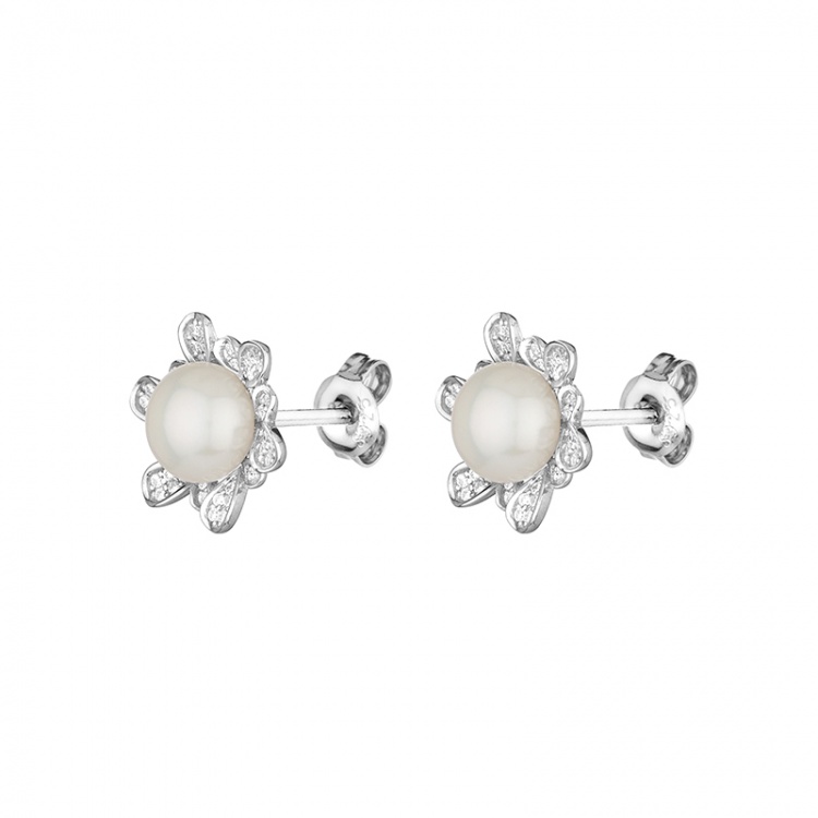 Сребърни обеци цвете с бели перли