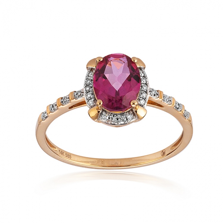 Златен пръстен от 14К розово злато, диаманти и розов топаз