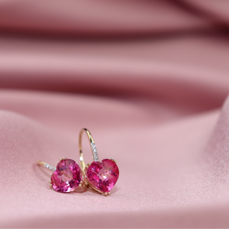 Златни обеци с розов топаз и диаманти